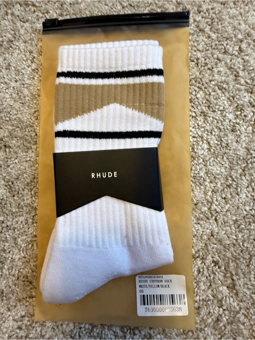 NWT Rhude Men’s White and Tan Chevron Crew Socks